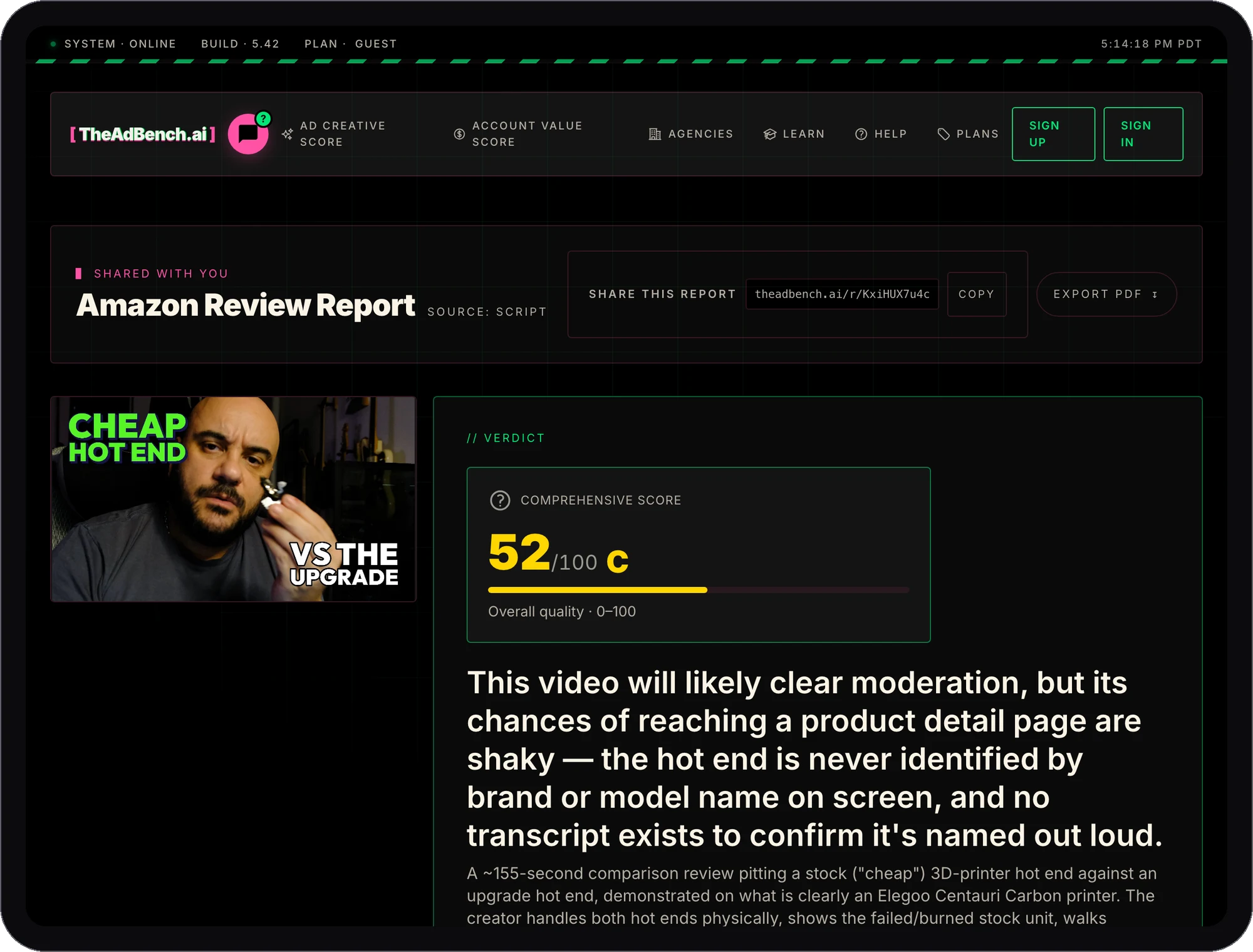 An Ad Bench report scoring one of my hot end reviews, on an iPad