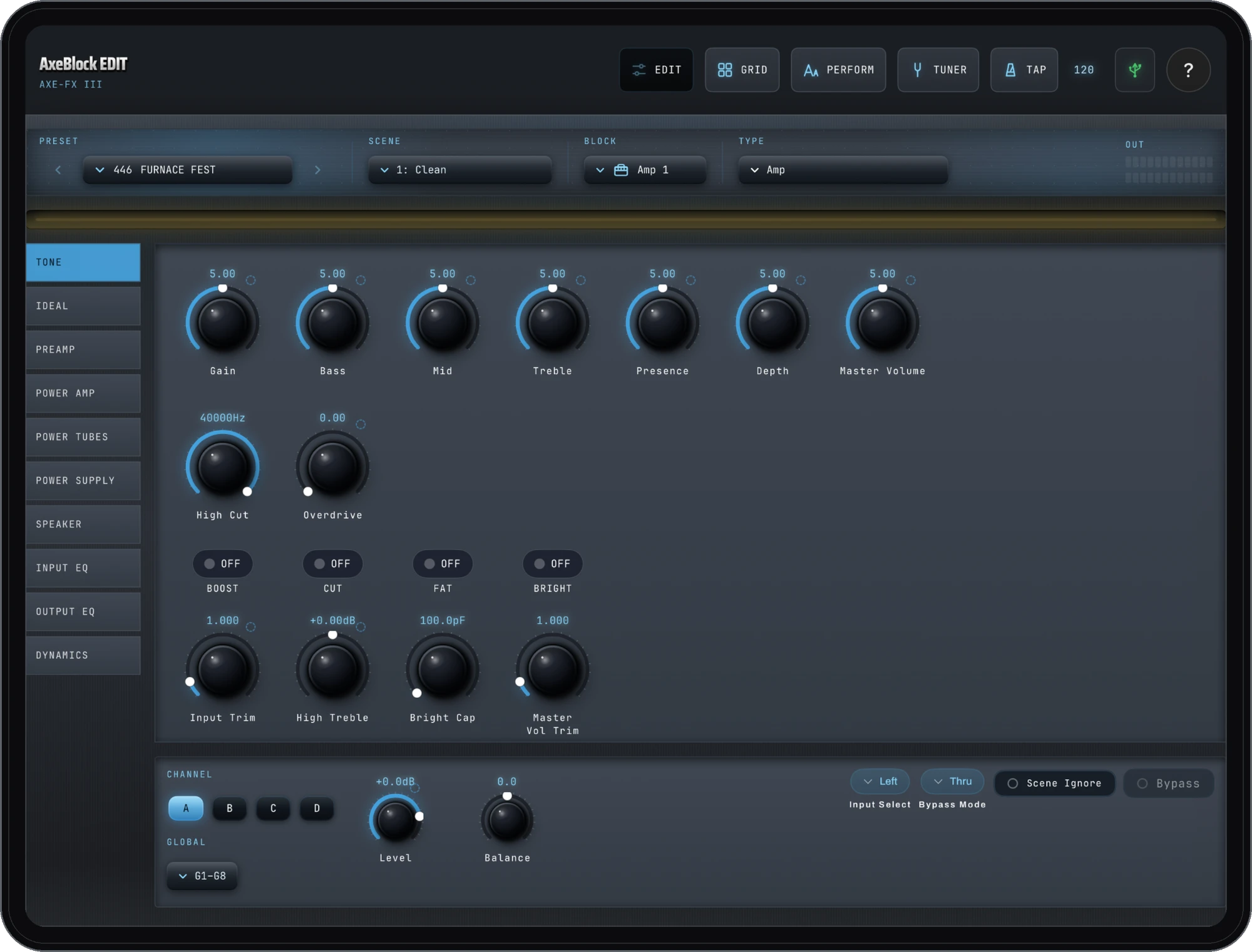 AxeBlock EDIT on an iPad, editing an amp block